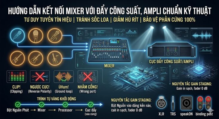 Sơ đồ ảnh bìa hướng dẫn cách kết nối mixer với cục đẩy công suất và kiểm soát gain staging an toàn của Việt Hưng Audio