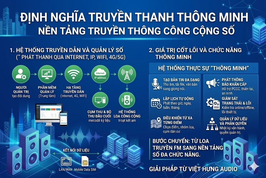 Một ảnh infographic kỹ thuật kích thước 1200x800 pixel, phong cách B2B/B2G hiện đại, giải thích định nghĩa và cấu trúc cốt lõi của nền tảng truyền thông công cộng số. Tiêu đề lớn ở trên: "ĐỊNH NGHĨA TRUYỀN THANH THÔNG MINH - NỀN TẢNG TRUYỀN THÔNG CÔNG CỘNG SỐ". Bố cục chia làm hai cột rõ ràng. Cột bên trái mô tả Hệ thống truyền dẫn và quản lý số qua sơ đồ 5 bước từ Người quản trị, Phần mềm điều khiển trên máy tính/điện thoại, Hạ tầng truyền dẫn qua WiFi/4G/Internet, Cụm thu đến hệ thống loa thông báo ngoài trời. Cột bên phải làm nổi bật 6 giá trị "Thông minh": Tạo bản tin đa dạng, Lập lịch tự động, Điều khiển từ xa từng điểm, Phát thông báo khẩn cấp, Giám sát trạng thái & báo lỗi, Quản lý dữ liệu và phân quyền. Tông màu chủ đạo là xanh dương công nghệ phối xanh lá cây giải pháp. Văn bản 100% tiếng Việt chuẩn xác, không có logo AI bịa đặt. Dưới cùng có ghi "GIẢI PHÁP TỪ VIỆT HƯNG AUDIO".