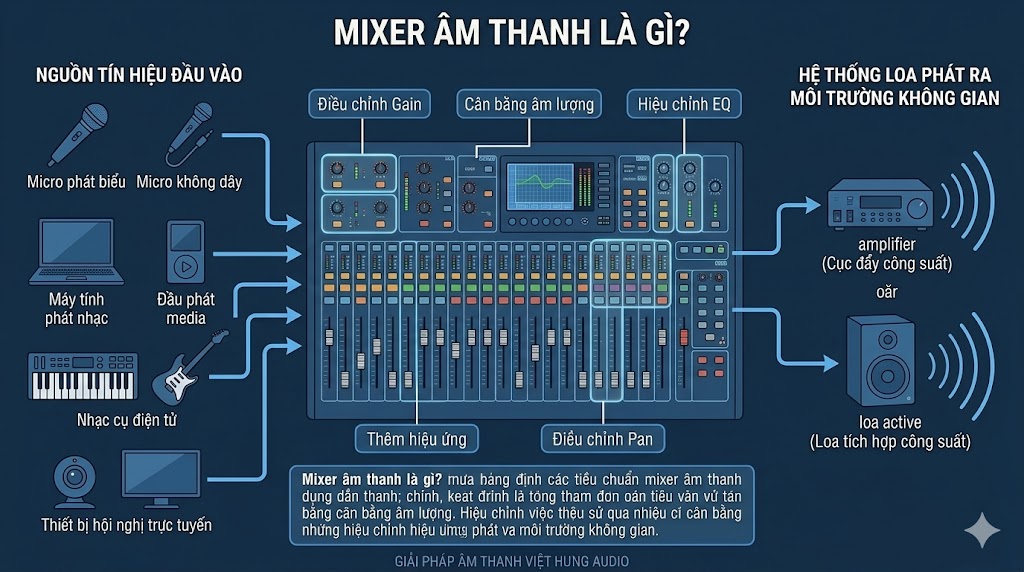 Infographic định nghĩa mixer âm thanh là gì, mô tả luồng tín hiệu từ nguồn vào, khối xử lý trung tâm đến hệ thống loa phát ra môi trường