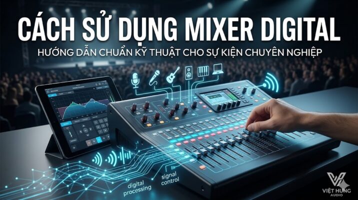 Ảnh bìa hướng dẫn sử dụng mixer digital chuyên nghiệp điều khiển từ xa qua máy tính bảng kèm logo Việt Hưng Audio.