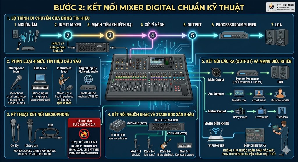 Infographic sơ đồ hướng dẫn kết nối vật lý và định tuyến logic cho bàn mixer digital trong hệ thống âm thanh sự kiện của Việt Hưng Audio