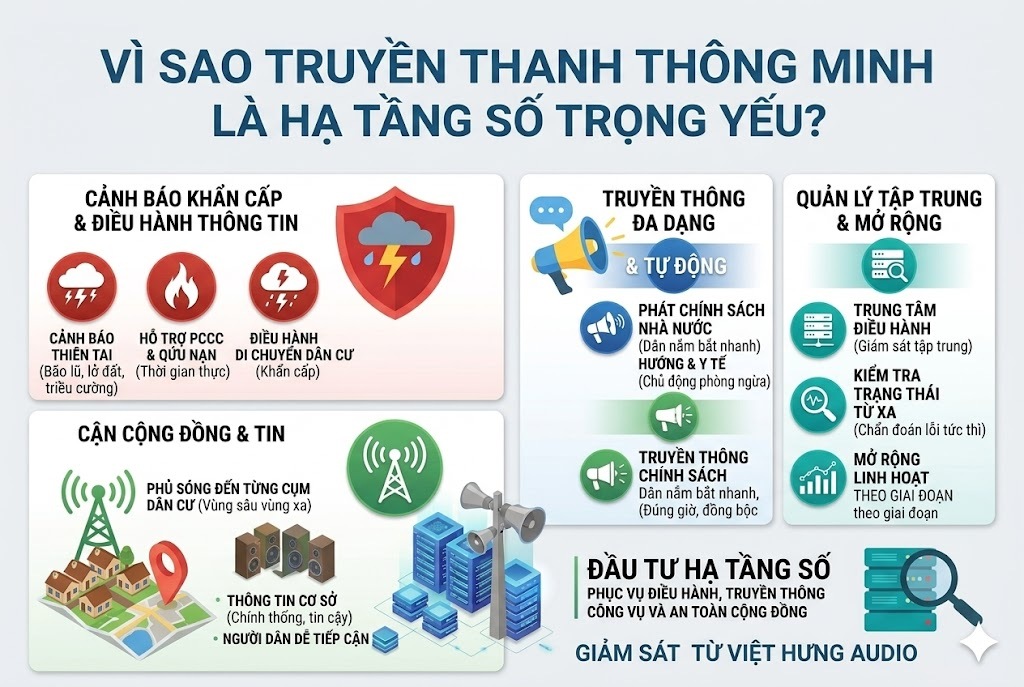 Một infographic kỹ thuật thiết kế phẳng (Flat Vector Design) kích thước 1200x800 pixel trên nền màu xám nhạt tối giản, loại bỏ hoàn toàn phong cách công nghệ 3D neon tối màu. Tiêu đề lớn màu đen sắc nét ở trên cùng: "VÌ SAO TRUYỀN THANH THÔNG MINH LÀ HẠ TẦNG SỐ TRỌNG YẾU?". Bố cục chính được chia thành một ma trận lưới 2x2 gồm 4 khối thẻ trắng độc lập có viền xám mảnh. Mỗi thẻ có một icon phẳng nằm trong vòng tròn màu sắc tương ứng và văn bản tiếng Việt chi tiết: Thẻ 1 (Góc trên trái) có icon khiên đỏ và tia sét cho nhãn "CẢNH BÁO KHẨN CẤP & ĐIỀU HÀNH THÔNG TIN"; Thẻ 2 (Góc trên phải) có icon loa phóng thanh xanh dương cho nhãn "TRUYỀN THÔNG ĐA DẠNG & TỰ ĐỘNG"; Thẻ 3 (Góc dưới trái) có icon anten xanh lá trên cụm dân cư cho nhãn "CẬN CỘNG ĐỒNG & TIN CẬY"; Thẻ 4 (Góc dưới phải) có icon tủ server xanh mòng két và kính lúp cho nhãn "QUẢN LÝ TẬP TRUNG & MỞ RỘNG". Dưới cùng là thông điệp: "ĐẦU TƯ HẠ TẦNG SỐ PHỤC VỤ ĐIỀU HÀNH, TRUYỀN THÔNG CÔNG VỤ VÀ AN TOÀN CỘNG ĐỒNG" và dòng chữ "GIẢI PHÁP TỪ VIỆT HƯNG AUDIO".