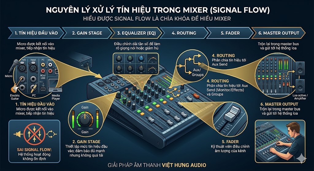 Infographic sơ đồ quy trình 6 bước của luồng tín hiệu Signal Flow bên trong bàn mixer âm thanh chuyên nghiệp từ Việt Hưng Audio