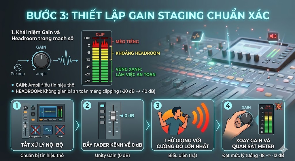 Infographic hướng dẫn quy trình 4 bước thiết lập gain staging và headroom chuẩn kỹ thuật trên bàn mixer digital của Việt Hưng Audio