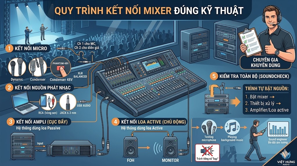 Infographic sơ đồ 5 bước hướng dẫn kết nối mixer với hệ thống âm thanh, micro, nguồn phát nhạc và thiết bị loa ngoài thực địa