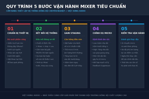 Infographic sơ đồ tiến trình 5 bước vận hành mixer âm thanh tiêu chuẩn của Việt Hưng Audio trên giao diện số tối cao cấp