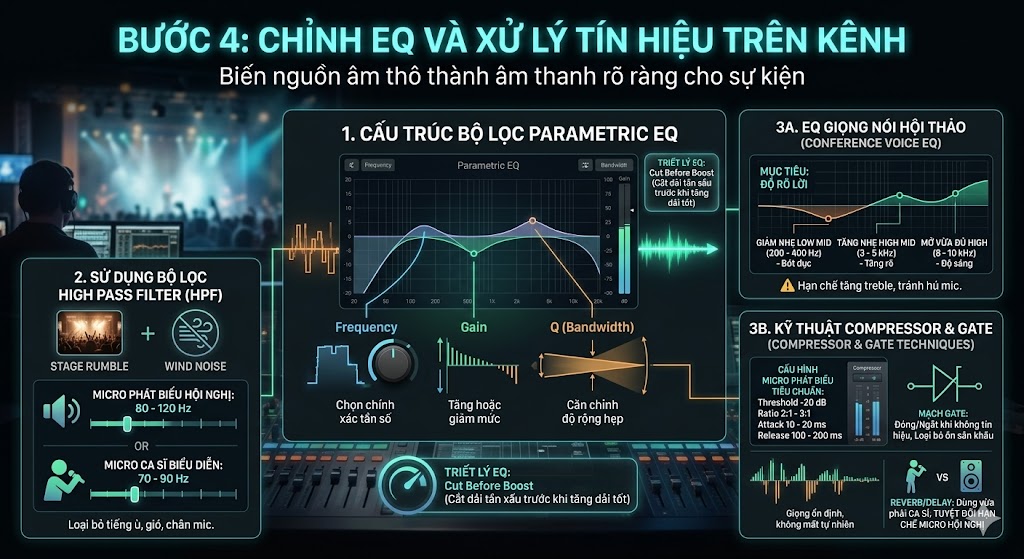 Infographic hướng dẫn chỉnh Parametric EQ, High Pass Filter và bộ xử lý Compressor trên bàn mixer digital của Việt Hưng Audio