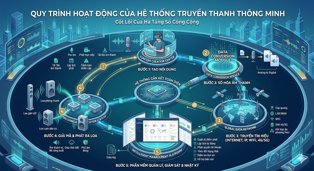 Thẻ Alt (Alt Text): Một infographic sơ đồ kỹ thuật kích thước 1200x800 pixel hiển thị quy trình 5 bước hoạt động khép kín của hệ thống truyền thanh thông minh. Nền ảnh là phối cảnh phòng điều hành kỹ thuật màu xanh dương và xanh mòng két công nghệ với các luồng dữ liệu phát sáng. Tiêu đề lớn màu trắng ở trên cùng: "QUY TRÌNH HOẠT ĐỘNG CỦA HỆ THỐNG TRUYỀN THANH THÔNG MINH" kèm dòng chữ phụ "Cốt Lõi Của Hạ Tầng Số Công Cộng". Quy trình chạy theo vòng lặp tuần hoàn gồm 5 khối node chức năng có văn bản tiếng Việt: "BƯỚC 1: TẠO NỘI DUNG" (hình người đeo tai nghe, micro và sóng âm); "BƯỚC 2: SỐ HÓA ÂM THANH" (mô phỏng chuyển đổi dữ liệu analog sang các gói mã số nhị phân); "BƯỚC 3: TRUYỀN TÍN HIỆU (INTERNET, IP, WiFi, 4G/5G)" (hình tháp viễn thông và sóng vệ tinh); "BƯỚC 4: GIẢI MÃ & PHÁT RA LOA" (hình cụm loa phóng thanh công suất lớn và các luồng sóng âm tỏa ra); "BƯỚC 5: PHẦN MỀM QUẢN LÝ, GIÁM SÁT & NHẬT KÝ" (nằm ở trung tâm dưới cùng, hiển thị giao diện dashboard điều khiển hệ thống). Tâm vòng tròn hiển thị một khối chip xử lý CPU trung tâm kết nối các bước. Chữ trên ảnh là tiếng Việt 100%, không chứa logo AI thương hiệu bịa đặt.