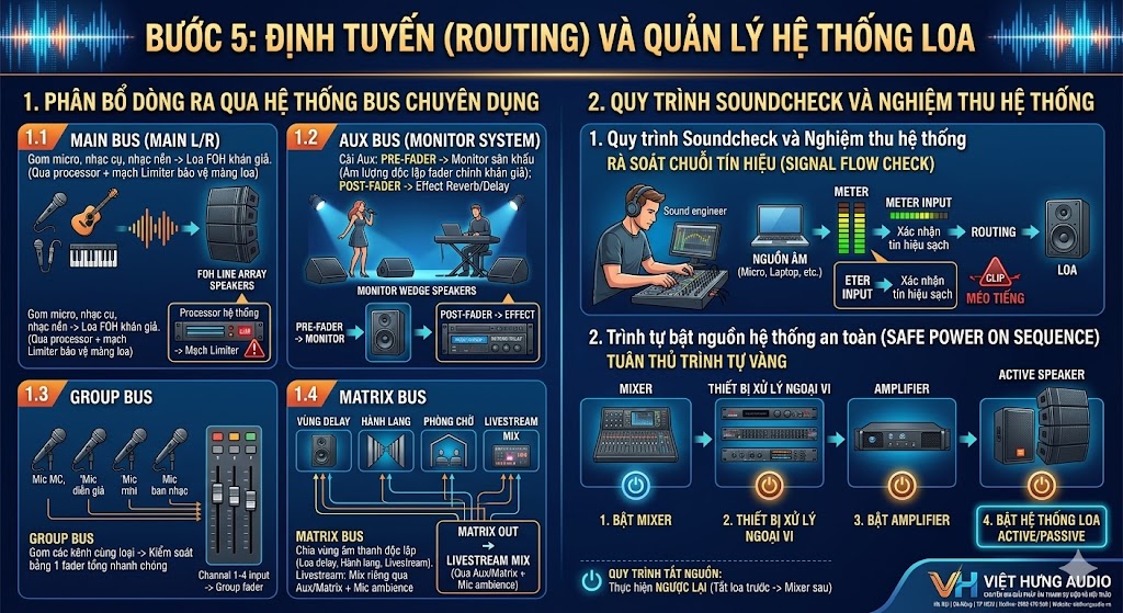 Infographic sơ đồ định tuyến tín hiệu Routing qua các hệ thống Bus và quy trình bật nguồn âm thanh an toàn của Việt Hưng Audio