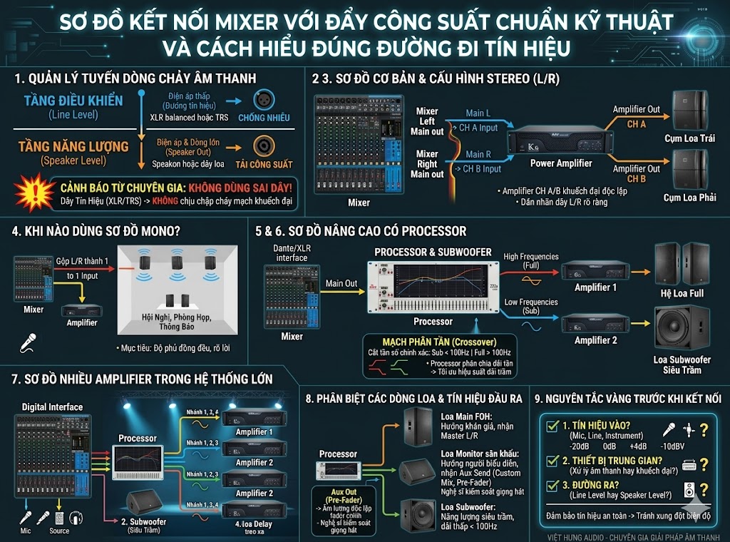 Infographic tổng hợp sơ đồ kết nối vật lý và định tuyến logic cho mixer, ampli, loa sân khấu hội trường chuẩn kỹ thuật của Việt Hưng Audio