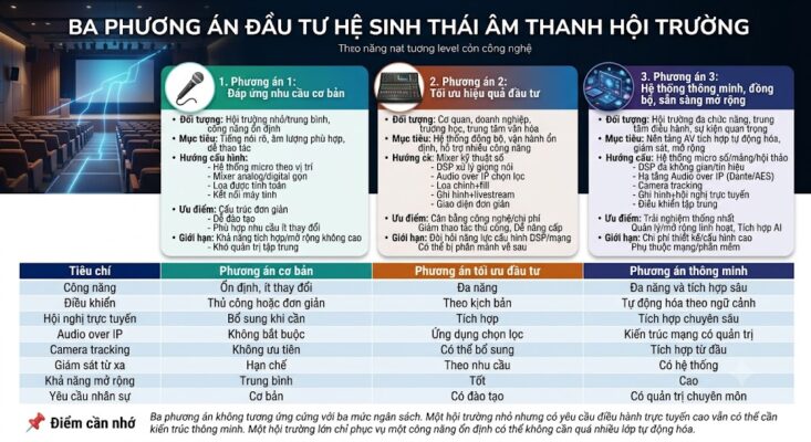 Infographic so sánh chi tiết ba phương án đầu tư âm thanh hội trường: 1. Đáp ứng nhu cầu cơ bản (ổn định, thủ công); 2. Tối ưu hiệu quả đầu tư (đa năng, theo kịch bản); 3. Hệ thống thông minh, đồng bộ (tích hợp sâu, tự động hóa). Bao gồm đối tượng, mục tiêu, cấu hình, ưu nhược điểm, cùng bảng so sánh 8 tiêu chí kỹ thuật và mục Điểm cần nhớ
