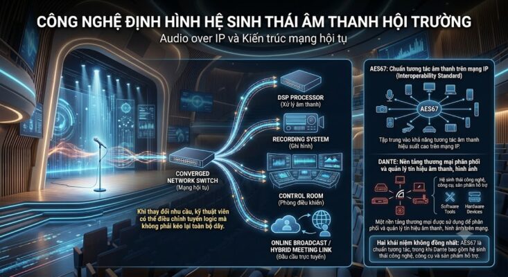 Sơ đồ infographic chi tiết mô tả hệ sinh thái âm thanh hội trường kỹ thuật số hiện đại, tích hợp công nghệ Audio over IP và mạng hội tụ (Converged Network Architecture). Hình ảnh minh họa một hội trường với sân khấu và microphone, được tích hợp với một sơ đồ kỹ thuật cho thấy Converged Network Switch (Mạng hội tụ) điều phối tín hiệu đồng thời đến DSP Processor (Xử lý âm thanh), Recording System (Ghi hình), Control Room (Phòng điều khiển) với bàn mixer, và Online Broadcast / Hybrid Meeting Link (Đầu cầu trực tuyến). Chú thích nhấn mạnh khả năng thay đổi tuyến logic mà không kéo lại dây. Phần bên phải so sánh rõ ràng giữa chuẩn tương tác AES67 và hệ sinh thái thương mại Dante, kết luận chúng không đồng nhất. Logo Viet Hung Audio hiển thị ở góc dưới.