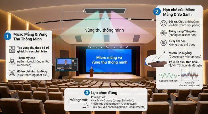 Sơ đồ giải thích công nghệ Micro mảng treo trần và vùng thu âm thông minh trong hội trường hiện đại. Hình ảnh hiển thị một hội trường với micro mảng treo trần, các tia sáng màu chiếu xuống các vùng ghế để biểu thị 'vùng thu thông minh', và các hộp chú thích số 1, 2, 3 giải thích ưu điểm (như thẩm mỹ cao, ghi hình tự động), hạn chế (như ảnh hưởng âm học phòng) và tiêu chí lựa chọn đúng, đồng thời so sánh với micro cổ ngỗng