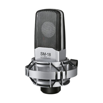 Micro thu âm chuyên nghiệp SM-18 EL chụp góc xéo nằm trong shockmount bạc isolated