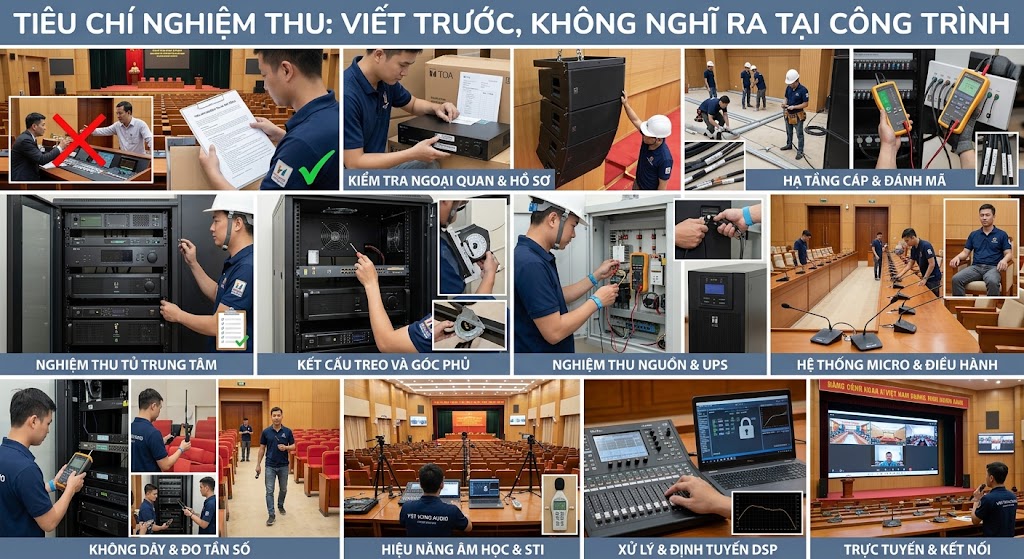 Bảng đồ họa dạng photo-grid tổng hợp 10 nhóm công tác nghiệm thu hệ thống âm thanh hội trường. Các khung hình sử dụng ảnh thực tế của kỹ sư đang thao tác: kiểm tra ngoại quan hồ sơ, đo thông mạch hạ tầng cáp, đo góc phủ và kết cấu loa, kiểm tra tủ rack, đo điện áp UPS, test micro hội nghị, walk-test sóng RF, đo hiệu năng âm học (SPL/STIPA), kiểm tra định tuyến DSP và thử nghiệm cầu truyền hình trực tuyến
