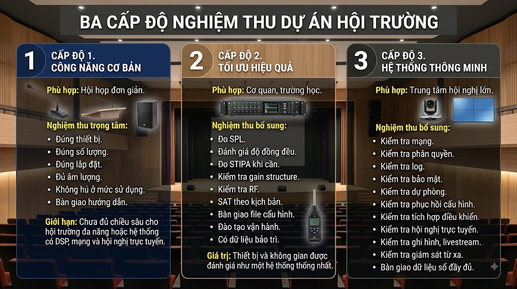 Đồ họa thông tin trình bày 3 cấp độ nghiệm thu dự án hội trường trên nền hình ảnh không gian hội trường thực tế. Thiết kế tối giản, sử dụng tông màu trung tính và hình ảnh thiết bị vật lý để minh họa: Cấp độ 1 (Công năng cơ bản) đi kèm micro bục và loa; Cấp độ 2 (Tối ưu hiệu quả) đi kèm bộ xử lý DSP và máy đo SPL; Cấp độ 3 (Hệ thống thông minh) đi kèm camera PTZ và màn hình giám sát. Nội dung chữ được tinh gọn tối đa.