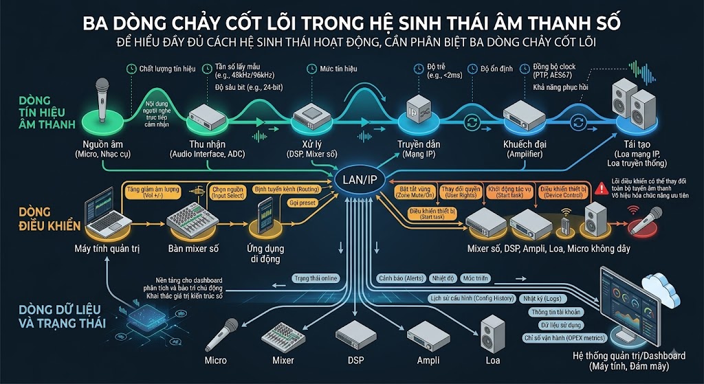 nfographic minh họa 3 dòng chảy song song trong hệ sinh thái âm thanh số: Dòng tín hiệu âm thanh truyền tải nội dung người nghe cảm nhận; Dòng điều khiển mang các lệnh cấu hình, định tuyến; và Dòng dữ liệu/trạng thái cung cấp thông tin nhật ký, cảnh báo về trung tâm dashboard. Tất cả các luồng này đều hội tụ và tương tác qua hạ tầng mạng LAN/IP.