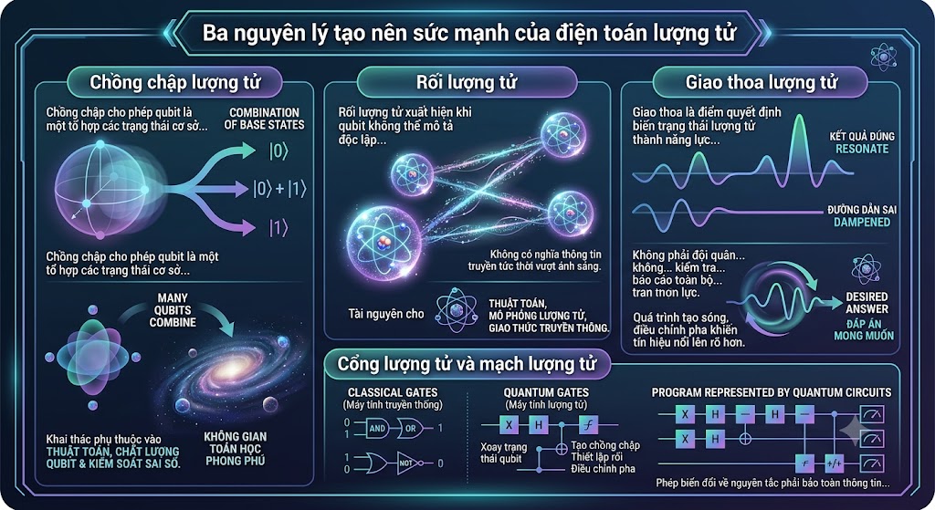 Đồ họa thông tin trình bày 3 nguyên lý nền tảng của điện toán lượng tử. Cột 1: Chồng chập lượng tử (minh họa bằng các quả cầu trạng thái mở rộng không gian toán học). Cột 2: Rối lượng tử (minh họa bằng các nguyên tử có mối liên kết tương quan từ xa). Cột 3: Giao thoa lượng tử (minh họa bằng biểu đồ sóng triệt tiêu kết quả sai và cộng hưởng đáp án đúng). Phần dưới cùng đối chiếu cổng logic truyền thống (AND, OR, NOT) với các mạch lượng tử (X, H, thiết lập pha). Thiết kế mang phong cách hi-tech, màu sắc không gian đa chiều.