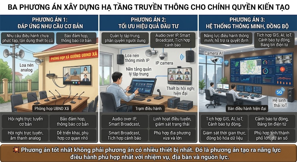 3 phương án xây dựng hạ tầng truyền thông cho chính quyền kiến tạoThẻ Alt (Alt Text): Hình ảnh minh họa tả thực chia làm 3 cột thể hiện 3 cấp độ đầu tư hạ tầng truyền thông. Phương án 1 (cột trái) minh họa phòng họp UBND xã và hệ thống loa cơ bản. Phương án 2 (cột giữa) thể hiện không gian quản lý tập trung với thiết bị Audio over IP, điều khiển qua màn hình và camera. Phương án 3 (cột phải) minh họa trung tâm điều hành thông minh, đồng bộ tích hợp công nghệ AI, IoT, bản đồ số GIS và bảng tin điện tử. Thông điệp dưới cùng nhấn mạnh việc lựa chọn giải pháp phù hợp thay vì chạy đua thiết bị.