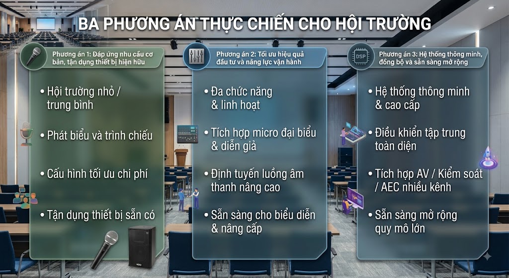 Bảng thông tin đồ họa đặt trên bối cảnh không gian hội trường hiện đại, trình bày tóm tắt 3 cấp độ đầu tư âm thanh: Phương án 1 (Đáp ứng nhu cầu cơ bản, tận dụng thiết bị hiện hữu); Phương án 2 (Tối ưu hiệu quả đầu tư và năng lực vận hành cho hội trường đa năng); và Phương án 3 (Hệ thống thông minh, điều khiển tập trung toàn diện và sẵn sàng mở rộng).
