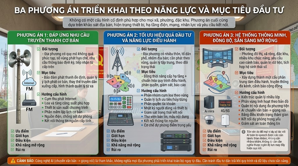 Đồ họa thông tin trình bày 3 phương án đầu tư truyền thanh IP trên nền hình ảnh một phòng truyền thanh cấp xã thực tế mờ. Có 3 cột màu tương ứng: Xanh lá (Phương án 1: Đáp ứng nhu cầu cơ bản, hình ảnh cột loa nén, bộ thu phát IP/FM); Xanh dương (Phương án 2: Tối ưu hiệu quả, hình ảnh bàn mixer, amply IP, phần mềm quản lý phân vùng); Đỏ (Phương án 3: Hệ thống thông minh đồng bộ, hình ảnh màn hình trung tâm điều hành, AI, camera, trạm 5G). Mỗi cột chi tiết về Đối tượng, Mục tiêu, Hướng cấu hình, Ưu điểm và Rủi ro. Chân trang có dòng cảnh báo màu cam về việc tránh đầu tư dàn trải công nghệ AI khi dữ liệu chưa sẵn sàng.