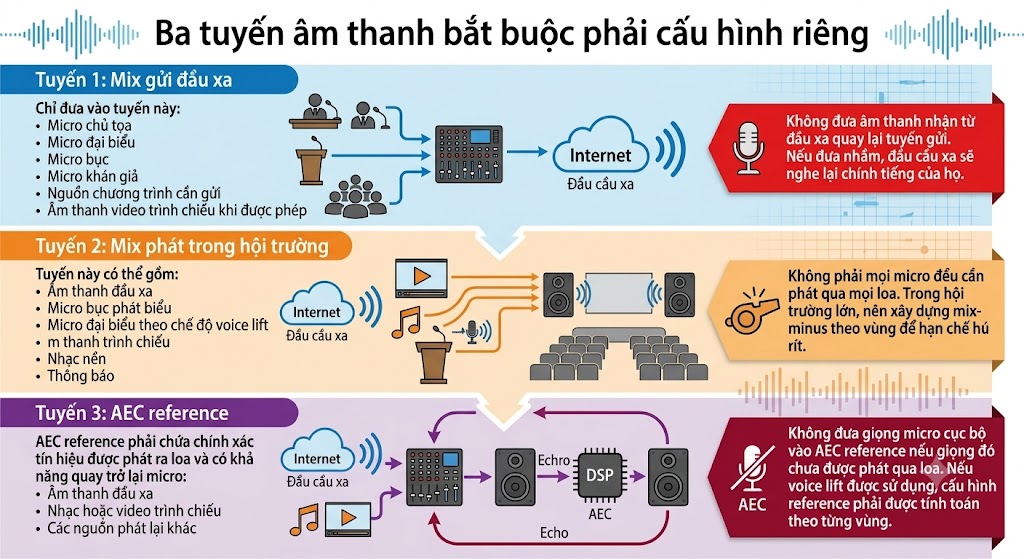 Đồ họa thông tin trình bày 3 tuyến âm thanh bắt buộc phải cấu hình riêng trong hệ thống hội nghị: Tuyến 1 (Mix gửi đầu xa) màu xanh dương; Tuyến 2 (Mix phát trong hội trường) màu cam; Tuyến 3 (AEC reference) màu tím. Mỗi tuyến liệt kê chi tiết các nguồn âm thanh được phép đưa vào (micro, âm thanh đầu xa, nhạc nền...) và đi kèm một hộp cảnh báo bên phải (ví dụ: cấm đưa âm thanh đầu xa quay lại tuyến gửi, nguyên tắc mix-minus, và cảnh báo về nguồn tham chiếu AEC).