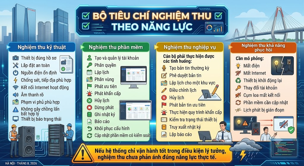 Đồ họa thông tin trình bày 4 lớp nghiệm thu dự án truyền thanh thông minh, chia thành 4 cột: 1. Nghiệm thu kỹ thuật (lắp đặt, nguồn, mạng, độ rõ âm thanh); 2. Nghiệm thu phần mềm (tài khoản, phân quyền, phân vùng, nhật ký); 3. Nghiệm thu nghiệp vụ (cán bộ thực hành phát tin, lập lịch, xử lý khẩn cấp); 4. Nghiệm thu khả năng phục hồi (mô phỏng mất điện, đứt mạng, lỗi thiết bị). Chân trang có cảnh báo: Nếu hệ thống chỉ vận hành tốt trong điều kiện lý tưởng, nghiệm thu chưa phản ánh đúng năng lực thực tế.