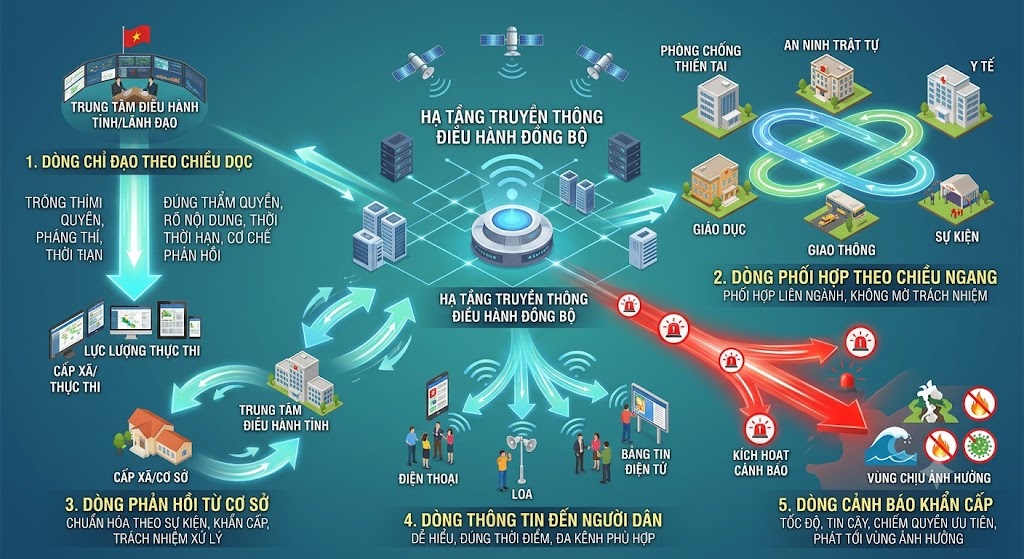 Infographic minh họa 5 dòng chảy luân chuyển dữ liệu trong hệ thống truyền thông của chính quyền. Bao gồm: 1. Dòng chỉ đạo theo chiều dọc (từ trung tâm điều hành cấp trên xuống lực lượng thực thi cấp dưới); 2. Dòng phối hợp theo chiều ngang (giữa các cơ quan ban ngành như y tế, giáo dục, giao thông); 3. Dòng phản hồi từ cơ sở (từ cấp xã báo cáo lên cấp tỉnh); 4. Dòng thông tin đến người dân (truyền tải qua loa, bảng tin, thiết bị di động); 5. Dòng cảnh báo khẩn cấp (mũi tên màu đỏ nổi bật, kích hoạt ưu tiên tới vùng chịu ảnh hưởng). Trung tâm sơ đồ là hạ tầng truyền thông đồng bộ đóng vai trò điều phối.