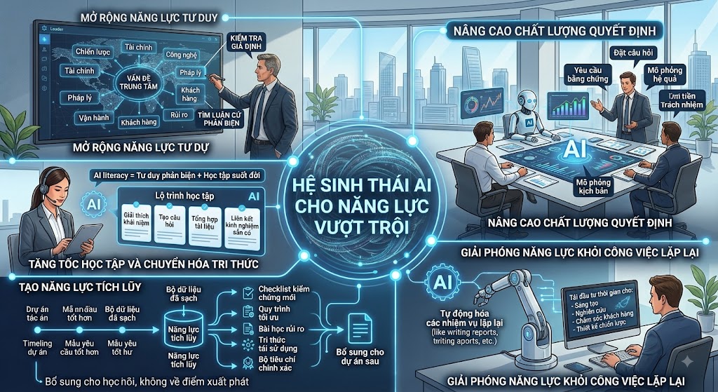 Hình ảnh minh họa tả thực 5 giá trị cốt lõi của hệ sinh thái AI đối với tổ chức. Xung quanh hạt nhân "Hệ sinh thái AI" ở trung tâm là 5 phân khu rõ rệt: Mở rộng năng lực tư duy (lãnh đạo phân tích đa chiều trên màn hình lớn), Tăng tốc học tập (nhân sự được AI hỗ trợ tổng hợp tri thức), Nâng cao chất lượng quyết định (nhóm chuyên gia họp bàn với AI mô phỏng kịch bản), Giải phóng năng lực (hệ thống tự động hóa các tác vụ lặp lại), và Tạo năng lực tích lũy (sơ đồ chuyển hóa bộ dữ liệu thô thành tài sản tri thức tái sử dụng).