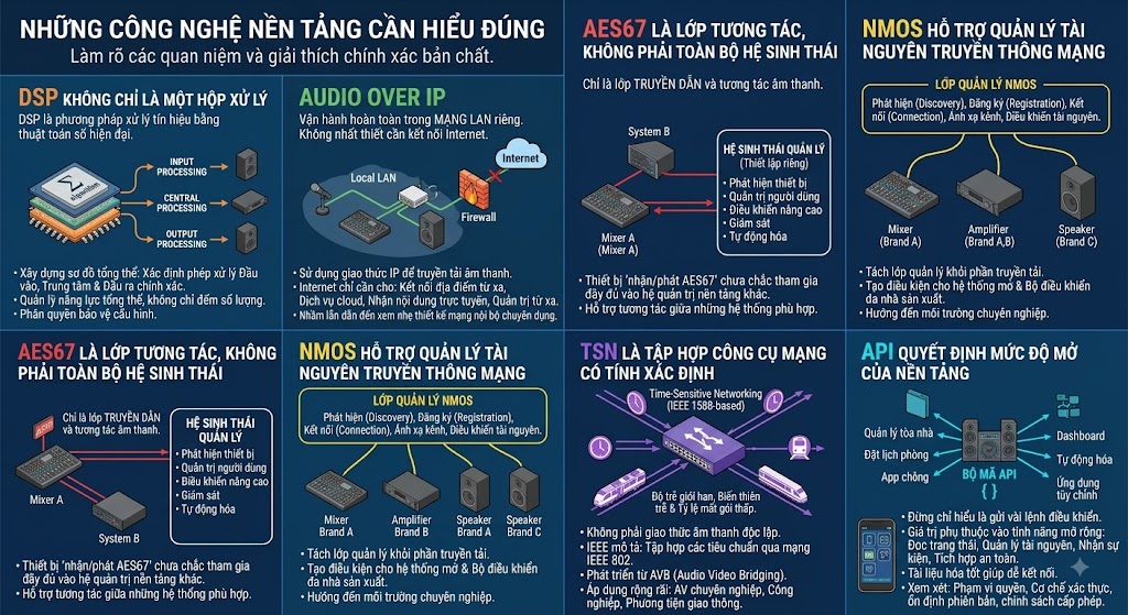 Infographic giải thích chi tiết và đính chính các quan niệm sai lầm về 6 công nghệ nền tảng trong âm thanh số: DSP (không chỉ là hộp xử lý), Audio over IP (không đồng nghĩa với Internet), AES67 (lớp tương tác), NMOS (quản lý tài nguyên mạng), TSN (mạng có tính xác định) và API (quyết định mức độ mở). Các khối thông tin được minh họa bằng sơ đồ mạng lưới và biểu tượng kỹ thuật số trực quan.