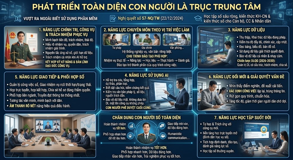 Infographic thiết kế chuyên nghiệp trình bày 7 năng lực cốt lõi của cán bộ số cấp xã bao gồm: Năng lực chính trị và công vụ, Năng lực chuyên môn, Năng lực dữ liệu, Năng lực sử dụng AI, Năng lực giao tiếp và phối hợp số (nhấn mạnh tầm quan trọng của hệ thống âm thanh rõ nét), Năng lực đổi mới và Năng lực học tập suốt đời. Hình ảnh sử dụng bối cảnh thực tế của cán bộ làm việc trên máy tính, phòng họp trực tuyến hiện đại và chân dung cán bộ gương mẫu.