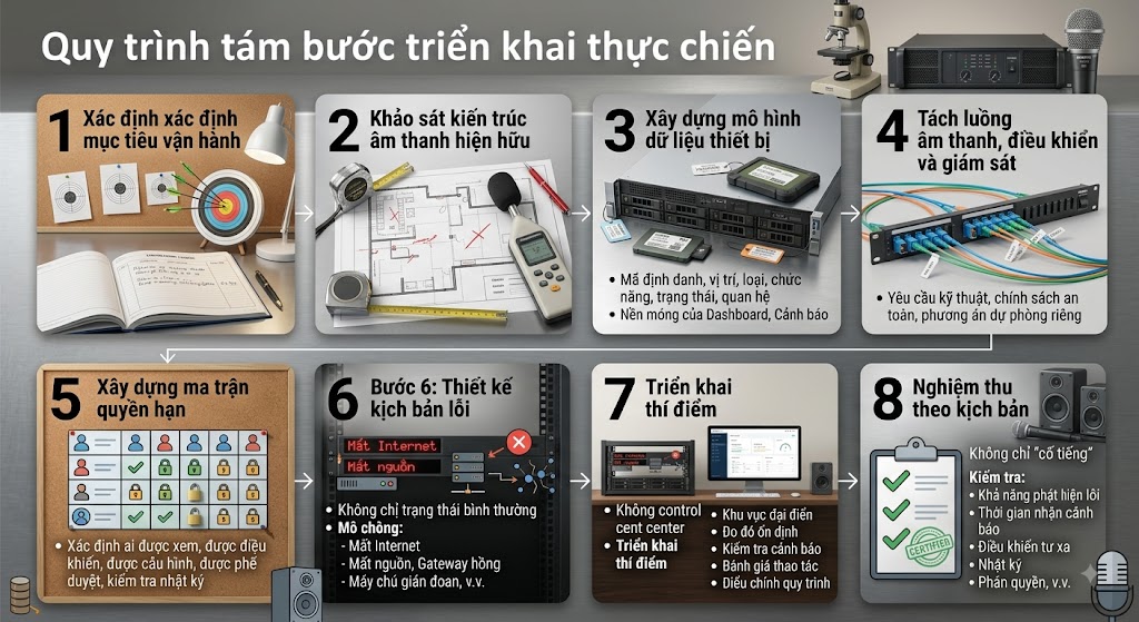 Đồ họa thông tin trình bày 8 bước triển khai dự án âm thanh IoT bằng hình ảnh thiết bị và công cụ kỹ thuật thực tế. Bước 1-2: Khảo sát bằng bản vẽ và máy đo SPL. Bước 3-4: Lập mô hình dữ liệu và tách luồng mạng bằng switch, cáp quang. Bước 5-6: Phân quyền và giả lập kịch bản lỗi trên thiết bị tủ rack. Bước 7-8: Triển khai thí điểm và nghiệm thu bằng phần mềm quản trị, loa, micro vật lý. Thiết kế mang đậm tính kỹ thuật, chuyên nghiệp.