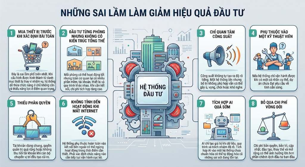 Đồ họa thông tin thiết kế phẳng, hiện đại, trình bày 8 sai lầm phổ biến khi đầu tư hệ thống Pro-AV. Hình ảnh loại bỏ các yếu tố minh họa kiểu AI rườm rà, thay vào đó sử dụng hình ảnh thiết bị âm thanh thực tế, giao diện phần mềm quản trị và sơ đồ kỹ thuật để trực quan hóa các lỗi như: mua thiết bị trước khi định hình bài toán, thiếu kiến trúc tổng thể, tập trung sai vào công suất, lỏng lẻo trong phân quyền và bỏ qua chi phí vòng đời.