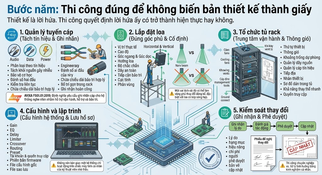 Một đồ họa thông tin kỹ thuật chi tiết bằng tiếng Việt, được chia thành 5 phần lớn cho 'Bước năm: Thi công đúng để không biến bản thiết kế thành giấy'. Các phần bao gồm: 1. Quản lý tuyến cáp (icons phân loại, bảo vệ, đánh số, AVIXA quote); 2. Lắp đặt loa (icons cao độ, góc, búp sóng hẹp, dây an toàn, cảnh báo sai lệch); 3. Tổ chức tủ rack (icons thứ tự, thông gió, quản lý dây, tiếp địa, sơ đồ tủ); 4. Cấu hình và lập trình (icons phần mềm DSP, Gain, EQ, File gốc/bảo lưu, cảnh báo máy tính cá nhân); 5. Kiểm soát thay đổi (icons quy trình phê duyệt, bản vẽ cập nhật, so sánh chuyên nghiệp vs. kinh nghiệm). Nền là mạng lưới kỹ thuật và sound waves