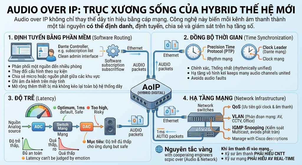 Infographic trực quan mô tả 4 đặc tính cốt lõi của Audio over IP (AoIP) trong hệ thống âm thanh Hybrid. Phần 1: Định tuyến bằng phần mềm với hình ảnh laptop (Dante Controller) và danh sách các khả năng như phân phối đa phòng, ghi âm đa kênh. Phần 2: Đồng bộ thời gian mô tả Precision Time Protocol (PTP) và Clock Leader giữ nhịp thống nhất cho toàn hệ thống. Phần 3: Độ trễ (Latency) minh họa luồng tín hiệu từ nguồn Analog qua bộ chuyển đổi ADC, Switch mạng, DAC đến loa, kèm biểu đồ tối ưu mức trễ an toàn. Phần 4: Hạ tầng mạng minh họa hệ thống Network switches với các tính năng kỹ thuật như QoS, VLAN, và IGMP Snooping. Góc dưới cùng nhấn mạnh thông điệp "Nguyên tắc vàng: Kỹ sư âm thanh phải hiểu CNTT, Kỹ sư mạng phải hiểu AV Real-time".