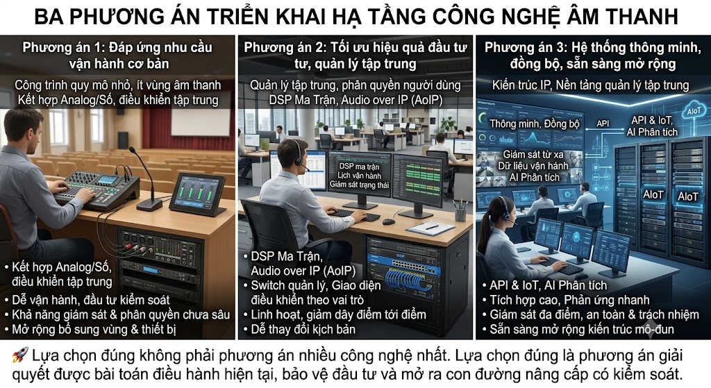 nfographic trực quan chia làm 3 cột thể hiện 3 cấp độ triển khai hạ tầng âm thanh. Cột 1 (Phương án 1) minh họa hệ thống cơ bản với bộ trộn analog/số trong một hội trường nhỏ. Cột 2 (Phương án 2) minh họa phòng quản lý tập trung sử dụng thiết bị DSP ma trận và switch mạng Audio over IP (AoIP). Cột 3 (Phương án 3) minh họa một trung tâm điều hành (OOC) quy mô lớn, thông minh, tích hợp máy chủ, API và công nghệ AIoT. Dưới cùng là thông điệp nhấn mạnh việc lựa chọn phương án phải giải quyết đúng bài toán điều hành hiện tại.