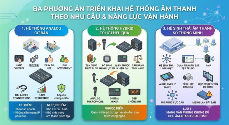 Infographic nền sáng trình bày 3 phương án triển khai hệ thống âm thanh. Phương án 1: Hệ thống analog cơ bản, dễ sử dụng, đầu tư thấp. Phương án 2: Hệ thống hybrid tối ưu hiệu quả, kết hợp thiết bị analog cũ và năng lực xử lý số mới (Mixer Digital, DSP). Phương án 3: Hệ sinh thái âm thanh số thông minh, đồng bộ qua Audio over IP (AoIP), quản trị tập trung cho các không gian lớn.