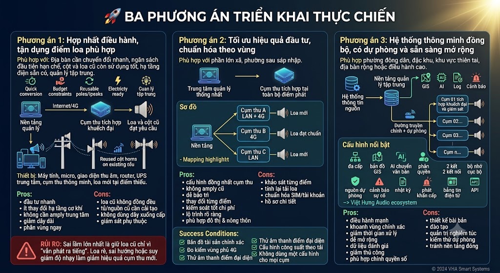 nfographic trực quan chia làm 3 cột trình bày 3 cấp độ triển khai hệ thống truyền thanh. Cột 1 (Phương án 1): Hợp nhất điều hành, tận dụng điểm loa cũ, minh họa sơ đồ giữ lại cột/loa đạt yêu cầu để tiết kiệm chi phí. Cột 2 (Phương án 2): Tối ưu hiệu quả đầu tư, chuẩn hóa thiết bị theo vùng, minh họa sơ đồ dùng cụm thu kết hợp LAN và 4G với loa mới hoàn toàn. Cột 3 (Phương án 3): Hệ thống thông minh đồng bộ cao cấp, minh họa sơ đồ quản lý đa lớp tích hợp bản đồ GIS, AI Text-to-Speech, nhật ký (log) và dự phòng đường truyền. Mỗi phương án đều đính kèm danh sách ưu điểm (Pros), nhược điểm/giới hạn (Cons) và điều kiện áp dụng cụ thể.