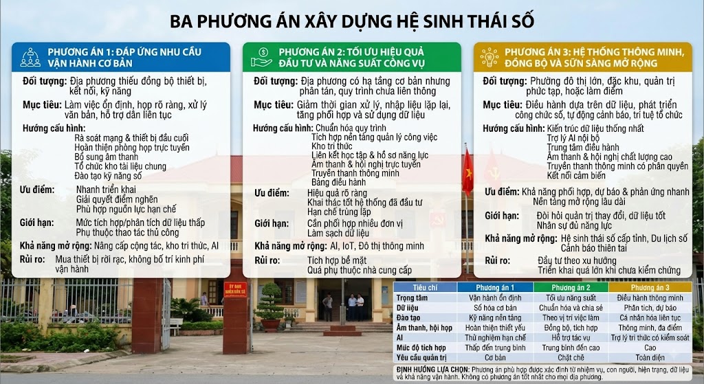 Bảng thông tin so sánh 3 phương án xây dựng hệ sinh thái số cấp xã được trình bày trực quan trên nền hình ảnh thực tế của trụ sở Ủy ban nhân dân. Nội dung chi tiết bao gồm Phương án 1 (Vận hành cơ bản), Phương án 2 (Tối ưu năng suất) và Phương án 3 (Hệ thống thông minh), kèm theo bảng đánh giá các tiêu chí về dữ liệu, đào tạo, mức độ tích hợp và thiết bị âm thanh hội họp.