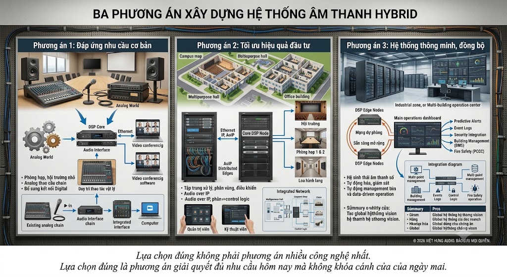 nfographic trực quan chia làm 3 bảng tương ứng với 3 cấp độ triển khai hệ thống âm thanh Hybrid. Bảng 1 "Đáp ứng nhu cầu cơ bản" minh họa cấu hình phòng họp nhỏ, giữ nguyên chuỗi thiết bị Analog (mixer, micro) và bổ sung Audio Interface/DSP để kết nối họp trực tuyến. Bảng 2 "Tối ưu hiệu quả đầu tư" mô phỏng mô hình mạng lưới qua AoIP cho nhiều khu vực (hội trường, phòng họp, hành lang) với bộ xử lý DSP trung tâm và giao diện quản trị qua tablet. Bảng 3 "Hệ thống thông minh, đồng bộ" thể hiện trung tâm điều hành quy mô lớn, sử dụng DSP phân tán ở vùng biên (Edge Nodes), mạng dự phòng, bảng điều khiển trung tâm tích hợp dữ liệu hệ thống báo cháy (Fire Safety) và quản lý tòa nhà (BMS). Dưới cùng là thông điệp cốt lõi: "Lựa chọn đúng không phải phương án nhiều công nghệ nhất. Lựa chọn đúng là phương án giải quyết đủ nhu cầu hôm nay mà không khóa cánh cửa của ngày mai."