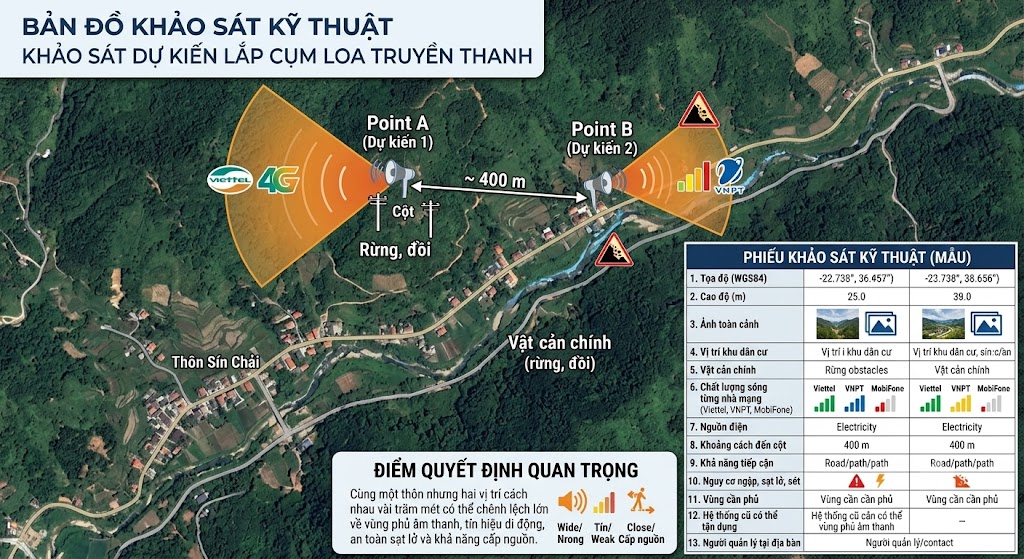 Bản đồ vệ tinh khu vực đồi núi (Thôn Sín Chải) minh họa hai điểm dự kiến lắp loa (Point A và Point B) cách nhau khoảng 400m. Hình ảnh thể hiện sự chênh lệch rõ rệt về vùng phủ sóng âm thanh, tín hiệu mạng di động (Viettel, VNPT) và cảnh báo nguy cơ sạt lở. Kèm theo là bảng mẫu 'Phiếu khảo sát kỹ thuật' gồm 13 tiêu chí chi tiết như: tọa độ, cao độ, vật cản, nguồn điện, và khoảng cách đến cột. Góc dưới nhấn mạnh lưu ý quan trọng về việc lựa chọn điểm quyết định.