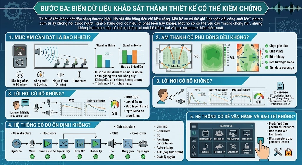 Một infographic kỹ thuật tiếng Việt với tiêu đề 'BƯỚC BA: BIẾN DỮ LIỆU KHẢO SÁT THÀNH THIẾT KẾ CÓ THỂ KIỂM CHỨNG'. Nó giải thích quy trình 5 bước để thiết kế hệ thống âm thanh dựa trên hiệu năng, bao gồm các lớp: 1. Mức âm cần đạt (so sánh signal vs noise); 2. Âm thanh phủ đồng đều (so sánh 2 cách bố trí loa); 3. Lời nói rõ (RT60, đáp tuyến tần số, STI); 4. Hệ thống ổn định (chuỗi tín hiệu, gain structure); 5. Dễ vận hành và bảo trì (các kịch bản điều khiển một chạm).
