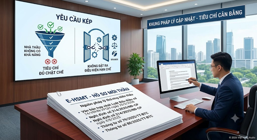 Một infographic đồ họa kết hợp nhiếp ảnh thực tế, chuyên nghiệp, hiển thị một người đang làm việc tại một bàn lớn với hồ sơ mời thầu (E-HSMT). Trên bàn là các tập văn bản luật chính được làm nổi bật rõ ràng bằng tiếng Việt: "Văn bản hợp nhất Luật Đấu thầu số 74/VBHN-VPQH ngày 25/3/2026", "Nghị định số 214/2025/NĐ-CP (Ngày hiệu lực: 4/8/2025)", "Thông tư số 79/2025/TT-BTC", và "Thông tư số 80/2025/TT-BTC". Một phần đồ họa trực quan hóa 'YÊU CẦU KÉP' (Dual Requirement): Một bên là phễu lọc "TIÊU CHÍ CHẶT CHẼ" để loại bỏ "NHÀ THẦU KHÔNG CÓ KHẢ NĂNG"; bên còn lại là cánh cửa mở "KHÔNG GIỚI HẠN THƯƠNG HIỆU" với các biểu tượng cạnh tranh công bằng. Cảnh nền là phòng họp hiện đại với cảnh quan thành phố Hà Nội. Ở góc dưới bên phải có dòng chữ: © 2026 Việt Hưng Audio