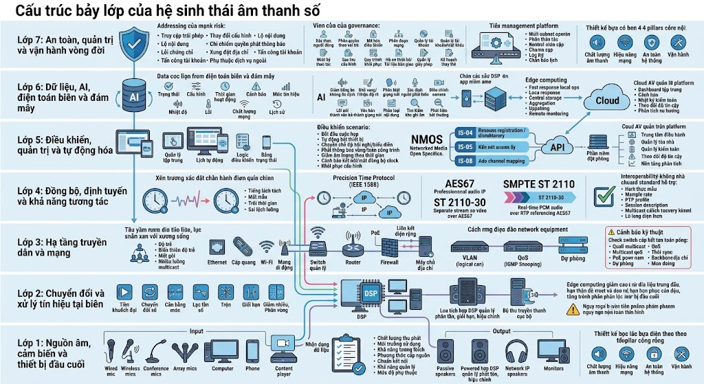 Infographic trực quan hóa cấu trúc 7 lớp của hệ sinh thái âm thanh số bao gồm: Lớp 1 - Nguồn âm và thiết bị đầu cuối; Lớp 2 - Chuyển đổi và xử lý tín hiệu tại biên; Lớp 3 - Hạ tầng truyền dẫn và mạng; Lớp 4 - Đồng bộ, định tuyến và khả năng tương tác; Lớp 5 - Điều khiển và tự động hóa; Lớp 6 - Dữ liệu, AI, đám mây; Lớp 7 - An toàn, quản trị và vận hành vòng đời. Các lớp được liên kết logic cho thấy dòng chảy của tín hiệu, điều khiển và dữ liệu.
