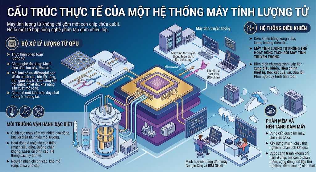 Đồ họa không gian 3D (isometric) mô phỏng cấu trúc thực tế của một hệ thống máy tính lượng tử, chia làm 4 thành phần. Góc trái là Bộ xử lý lượng tử (QPU) với chip siêu dẫn và ion bẫy. Phía dưới là Môi trường vận hành đặc biệt với hệ thống làm lạnh sâu (Cryostat). Phía trên bên phải là Hệ thống điều khiển, nơi các máy tính truyền thống phát xung vi ba và laser. Góc dưới bên phải là nền tảng đám mây (Cloud platform) cho phép lập trình viên truy cập từ xa.