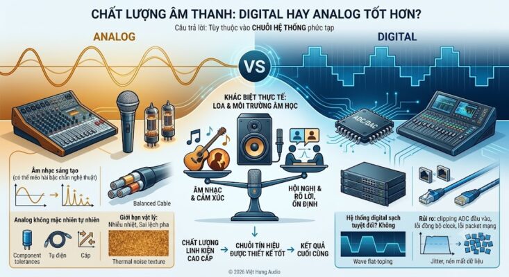 Infographic nền sáng so sánh chất lượng âm thanh Digital và Analog. Hình ảnh minh họa sự cân bằng giữa hai hệ thống, giải thích các yếu tố ảnh hưởng đến độ trung thực như linh kiện, mạch điện, loa và môi trường âm học, đồng thời làm rõ các giới hạn vật lý của Analog và rủi ro kỹ thuật của Digital.