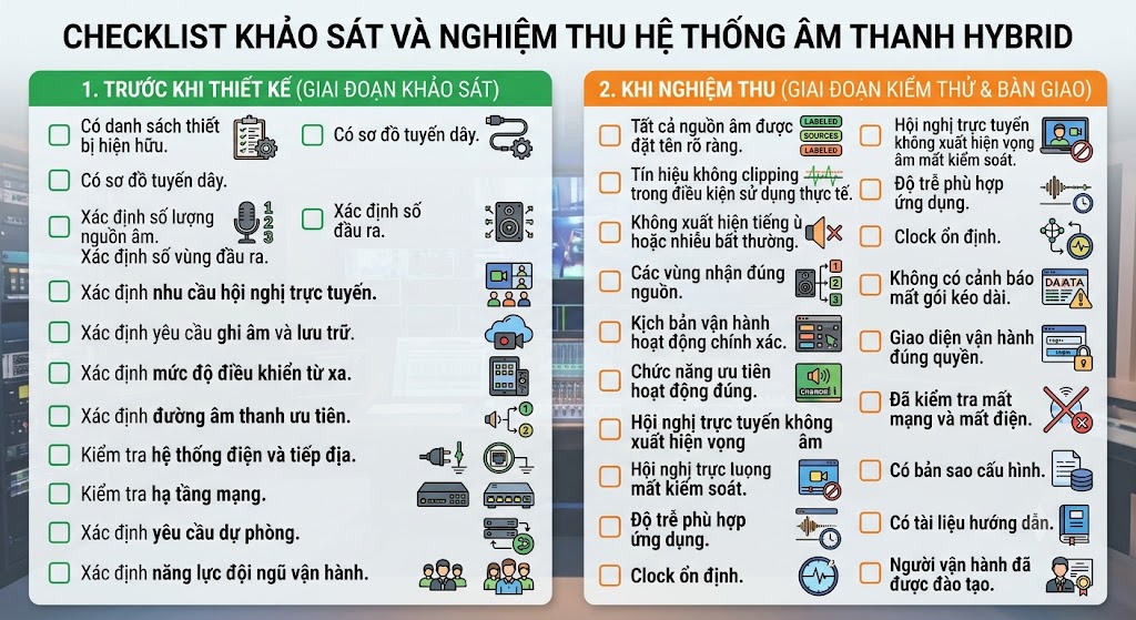 Checklist khảo sát và nghiệm thu hệ thống âm thanh Hybrid chuyên nghiệpThẻ Alt (Alt Text): Infographic trực quan dạng bảng kiểm (checklist) được chia làm hai phần. Phần 1 (màu xanh lá) là "TRƯỚC KHI THIẾT KẾ (GIAI ĐOẠN KHẢO SÁT)" liệt kê 12 hạng mục cần kiểm tra như: danh sách thiết bị, sơ đồ tuyến dây, số lượng nguồn âm, hạ tầng mạng, hệ thống điện... kèm theo icon minh họa. Phần 2 (màu cam) là "KHI NGHIỆM THU (GIAI ĐOẠN KIỂM THỬ & BÀN GIAO)" liệt kê 15 tiêu chí đánh giá chất lượng như: nguồn âm đặt tên rõ ràng, không clipping, không ù nhiễu, clock ổn định, độ trễ phù hợp, giao diện đúng quyền, đã kiểm tra mất mạng và bàn giao tài liệu.