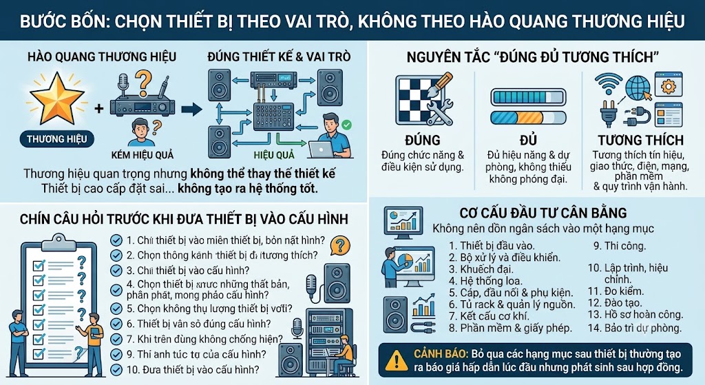 Đồ họa thông tin chia làm 4 khu vực trình bày tiêu chí chọn thiết bị âm thanh. Góc trên trái là so sánh giữa chọn theo "Hào quang thương hiệu" (kém hiệu quả) và chọn "Đúng thiết kế & vai trò" (hiệu quả). Góc trên phải là nguyên tắc 3 tiêu chí: Đúng, Đủ, Tương thích. Góc dưới trái là 9 câu hỏi checklist trước khi cấu hình. Góc dưới phải là danh sách 14 hạng mục cần chia sẻ ngân sách trong cơ cấu đầu tư cân bằng (từ thiết bị đầu vào đến thi công, đo kiểm, bảo trì). Kèm theo một dòng cảnh báo màu đen vàng ở chân trang.