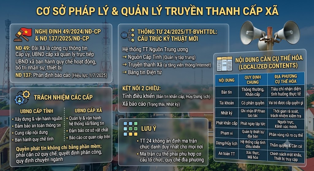 Đồ họa thông tin tổng hợp cơ sở pháp lý về quản lý truyền thanh cấp xã. Nền là hình ảnh cụm loa nén nông thôn. Nội dung chia thành 4 block chính: Khung pháp lý nền tảng (Nghị định 49/2024/NĐ-CP và 137/2025/NĐ-CP); Cấu trúc kỹ thuật mới theo Thông tư 24/2025/TT-BVHTTDL nhấn mạnh kết nối 2 chiều giữa tỉnh và xã; Trách nhiệm phân định giữa UBND cấp tỉnh và cấp xã; cùng một bảng chi tiết các nội dung bắt buộc mà địa phương cần cụ thể hóa (bản tin, tài khoản, nhật ký, an toàn thông tin).