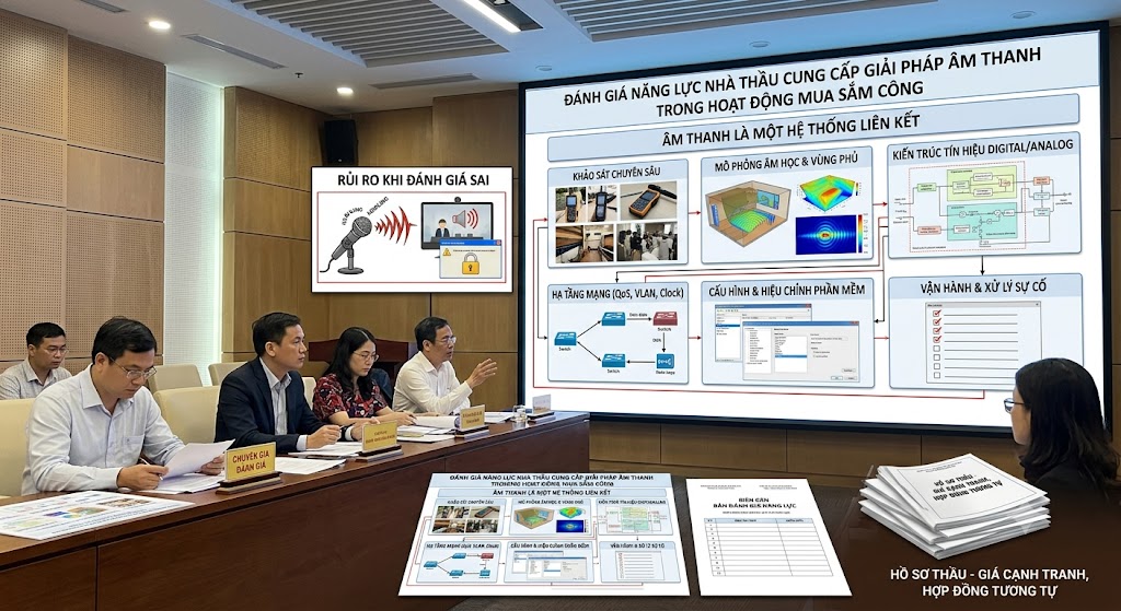 Cảnh một hội đồng đang họp đánh giá hồ sơ thầu. Trên màn hình lớn trình chiếu sơ đồ mang tiêu đề "ĐÁNH GIÁ NĂNG LỰC NHÀ THẦU CUNG CẤP GIẢI PHÁP ÂM THANH TRONG HOẠT ĐỘNG MUA SẮM CÔNG" với thông điệp trung tâm "ÂM THANH LÀ MỘT HỆ THỐNG LIÊN KẾT". Sơ đồ bao gồm 6 khối chính: Khảo sát chuyên sâu, Mô phỏng âm học & vùng phủ, Kiến trúc tín hiệu Digital/Analog, Hạ tầng mạng, Cấu hình & hiệu chỉnh phần mềm, Vận hành & xử lý sự cố. Bên trái có bảng cảnh báo "RỦI RO KHI ĐÁNH GIÁ SAI" minh họa micro bị hú rít và hệ thống bị khóa. Góc dưới bên phải là các tập tài liệu ghi "HỒ SƠ THẦU - GIÁ CẠNH TRANH, HỢP ĐỒNG TƯƠNG TỰ".